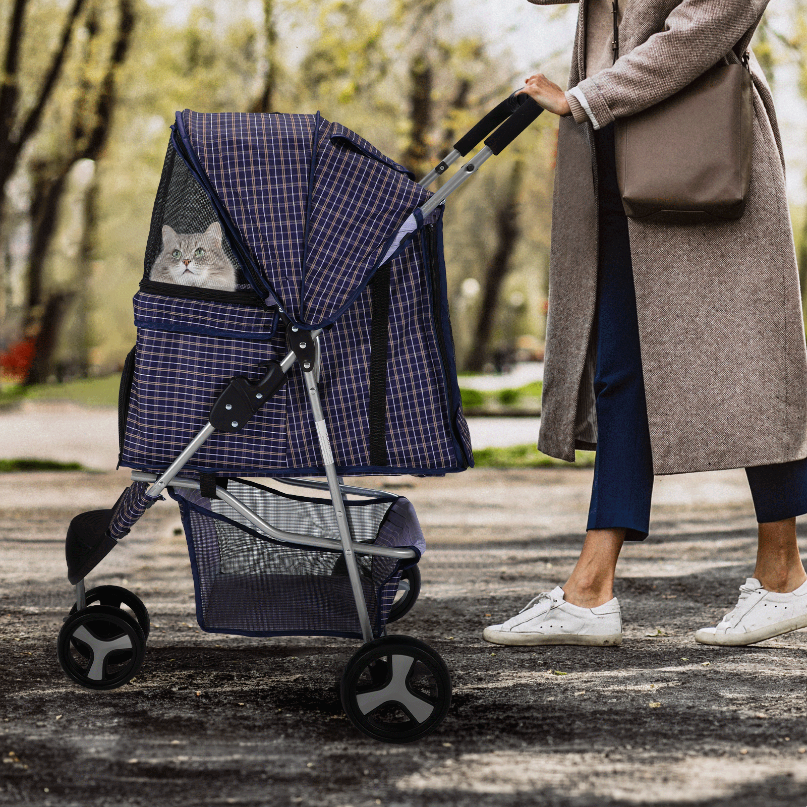Foldable Pet Dog Stroller Portable 3 Wheels Travel Carrier Dog Cage w/Cup Holder