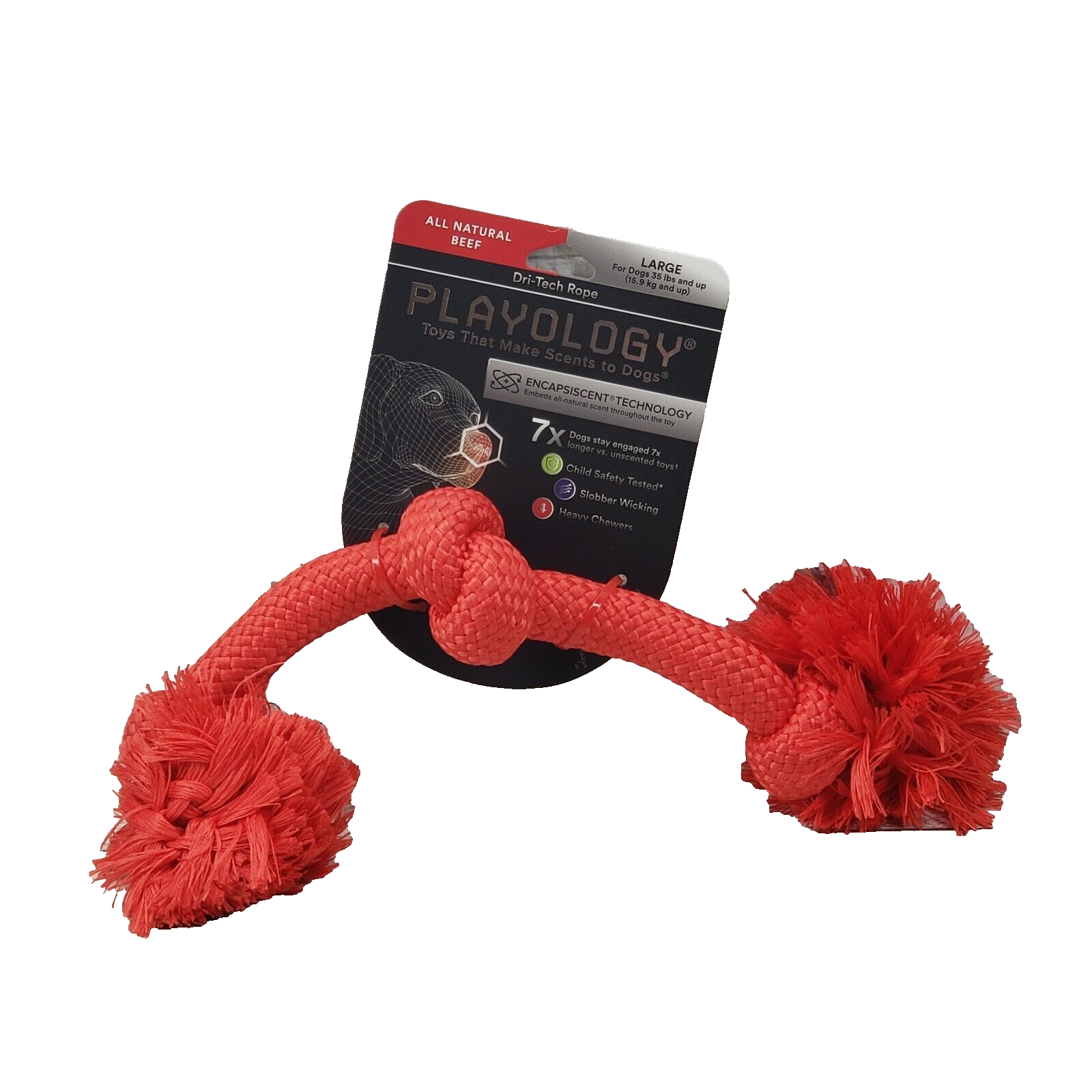 New Playology Dri-Tech Rope Dog Toy All Natural Beef Scent Red Pull Toy Large