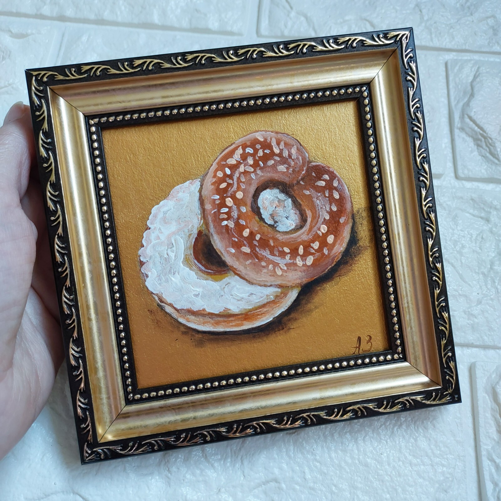 Bagel Painting Still Life Loaf of Bagel Art Dessert Hand Paint Gold FRAMED Art