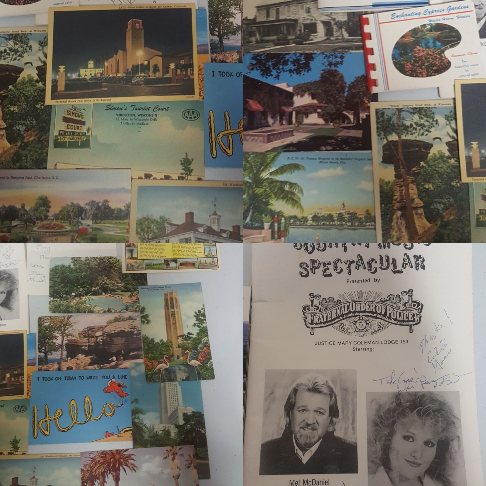 Vtg lot Souvenir pictured postcards 40's to Autographed Country Music Booklet +
