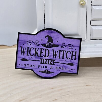 DOLLHOUSE MINIATURE HALLOWEEN Sign Wicked Witch Inn Hotel Motel Sign Purple