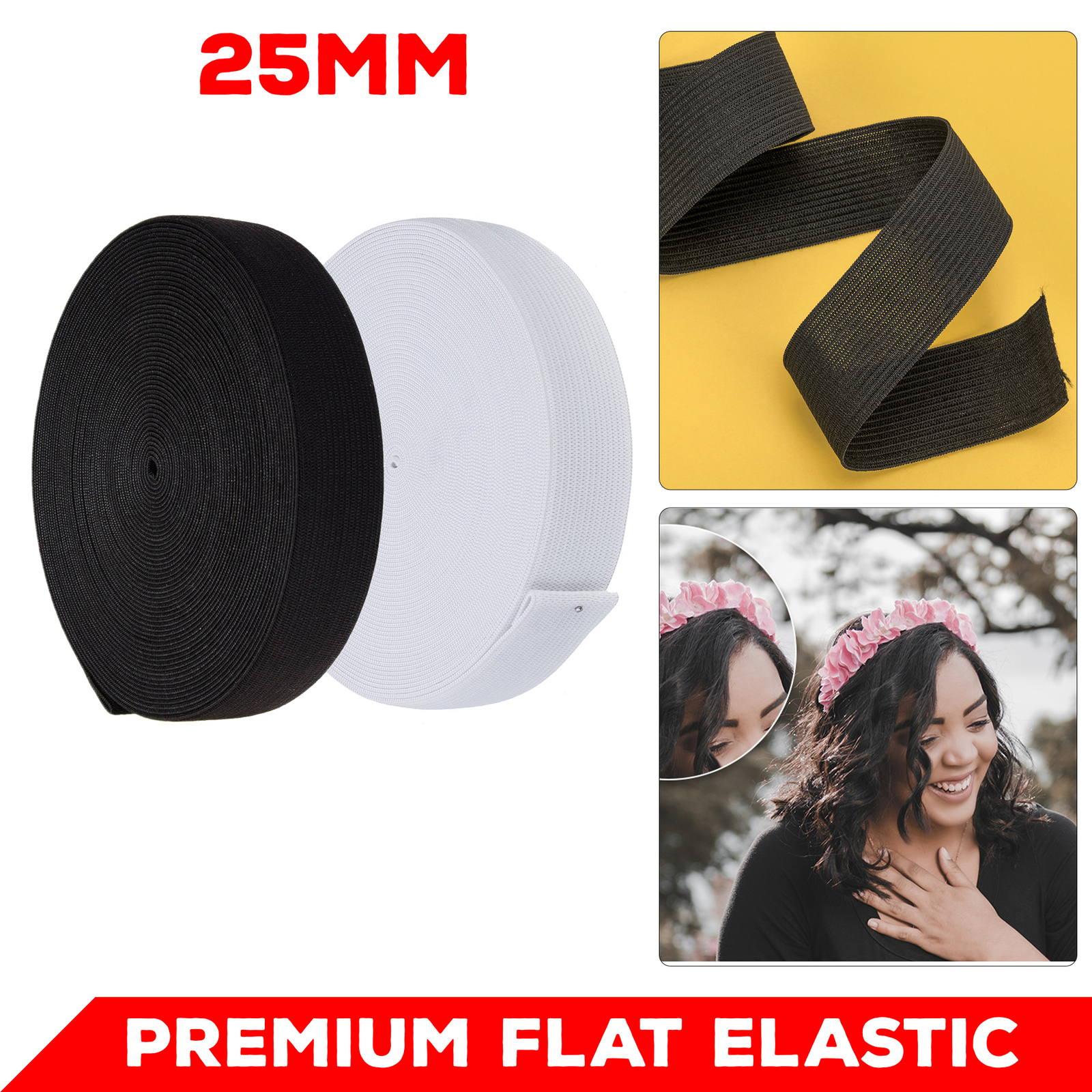 Premium White Black Flat Woven Elastic Band Waistband Sewing Garment Cord 25mm