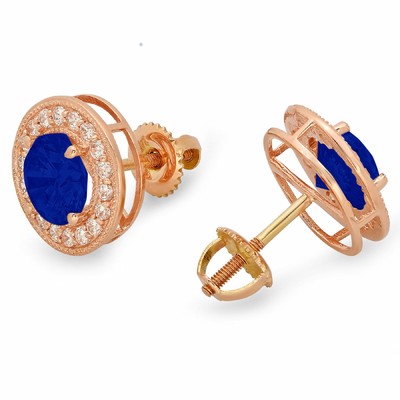 Pre-owned Pucci 1.18 Round Cut Halo Simulated Blue Sapphire Designer Stud Earrings 14k Rose Gold