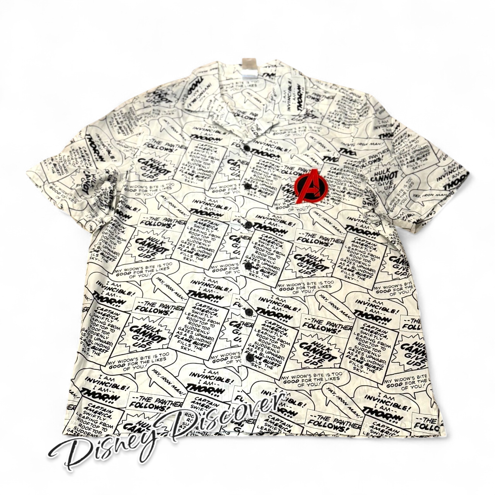 Disney Parks Marvel Avengers White Button-Up Camp Shirt Size L NEW