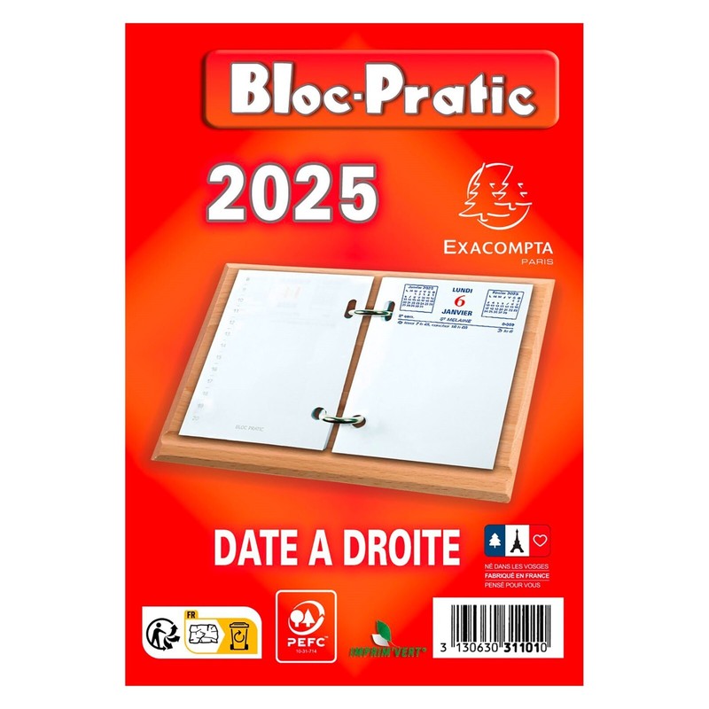Exacompta Bloc-Pratic 2025, 1 Bloc Ã©PhÃ©MÃ©Ride, Date Ã  Droite, Socle Non Inclus