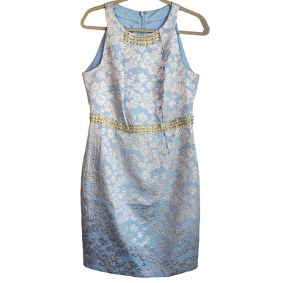 Carmen Marc Valvo Sz 12 sleeveless formal Dress Jacquard Metallic Baby Blue Silv