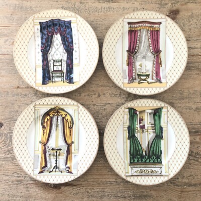 Fitz and Floyd Set of (4)  Interieurs  Drape Curtains Porcelain 8.25'' Plates VTG