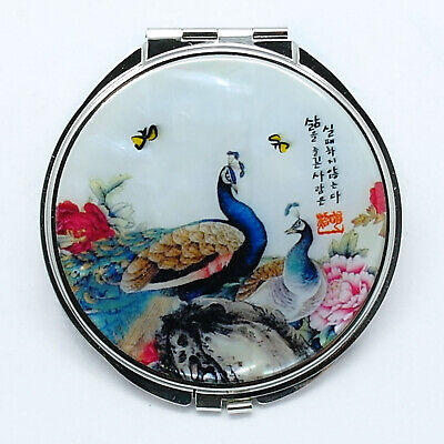 Colorful peacock Cosmetic compact mirror decorated with mother of pearl 3" Big 