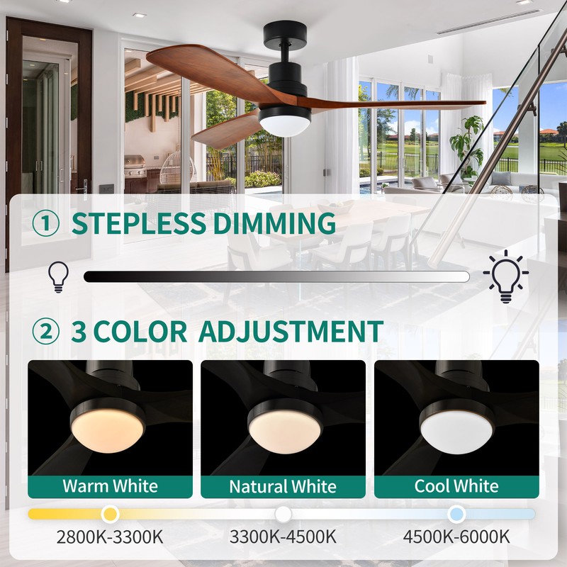 52 Inch Ceiling Fan 3 Blades Pendant Lamp with 6 Speeds Motor & Remote Control