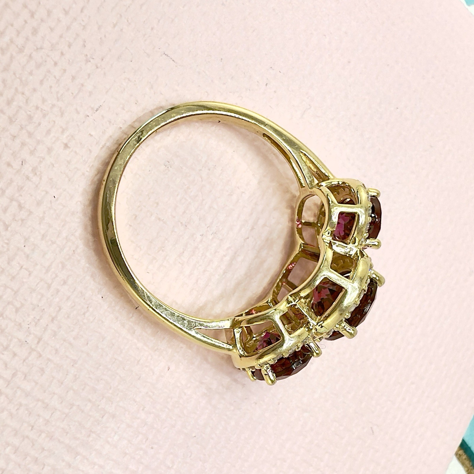 10K Yellow Gold Genuine Rhodolite Garnet & Diamond Three Stone Ring, Sz 6.5, New - Picture 6 of 11