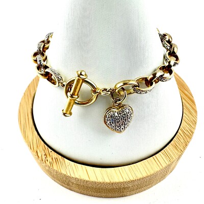 SETA Gold Over 925 Silver Chain Link Heart Charm CZ Bracelet  7'' 14.7grams