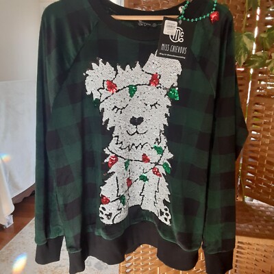 MISS CHIEVOUS holiday sparkle dog velour feel top size 1X NWT