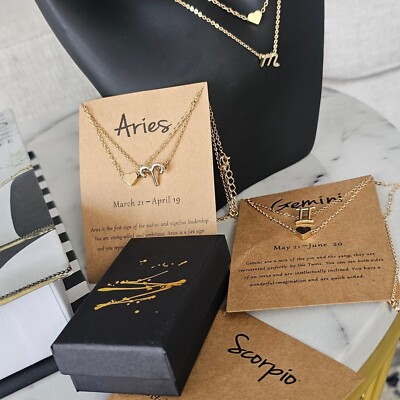 2pcs heart and aries Sign Pendant Necklace Chain jewellery free shipping over US
