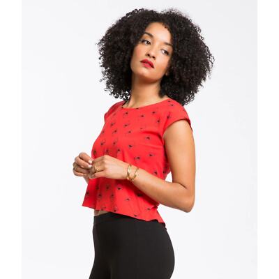 MARINE LAYER Dixie Printed Short Sleeve Top Woven Red Geo Sz M NWT {VV48}