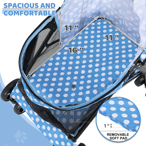 4 Wheels Foldable Pet Stroller Breathable Dog Stroller w/Storage Basket&Skylight