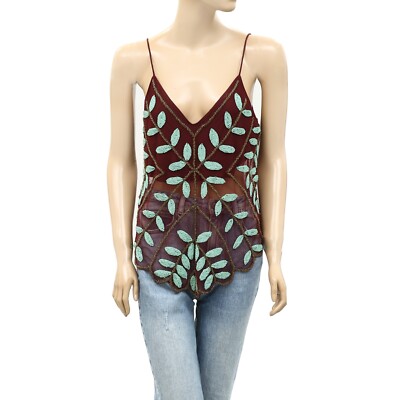 Free People Mirage Tank Cami Top Beaded Embellished Cabernet Mesh XS New 259797