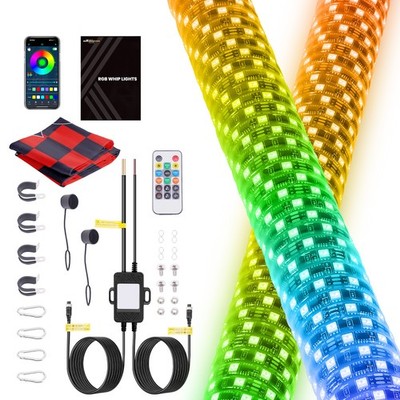 2x 2FT RGB LED Whip Chasing Antenas Lights Spiral For ATV Polaris RZR UTV 4WD
