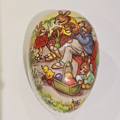 Vintage German Paper Mache Easter Egg Large 6'' Container Bunny Family Bunnies