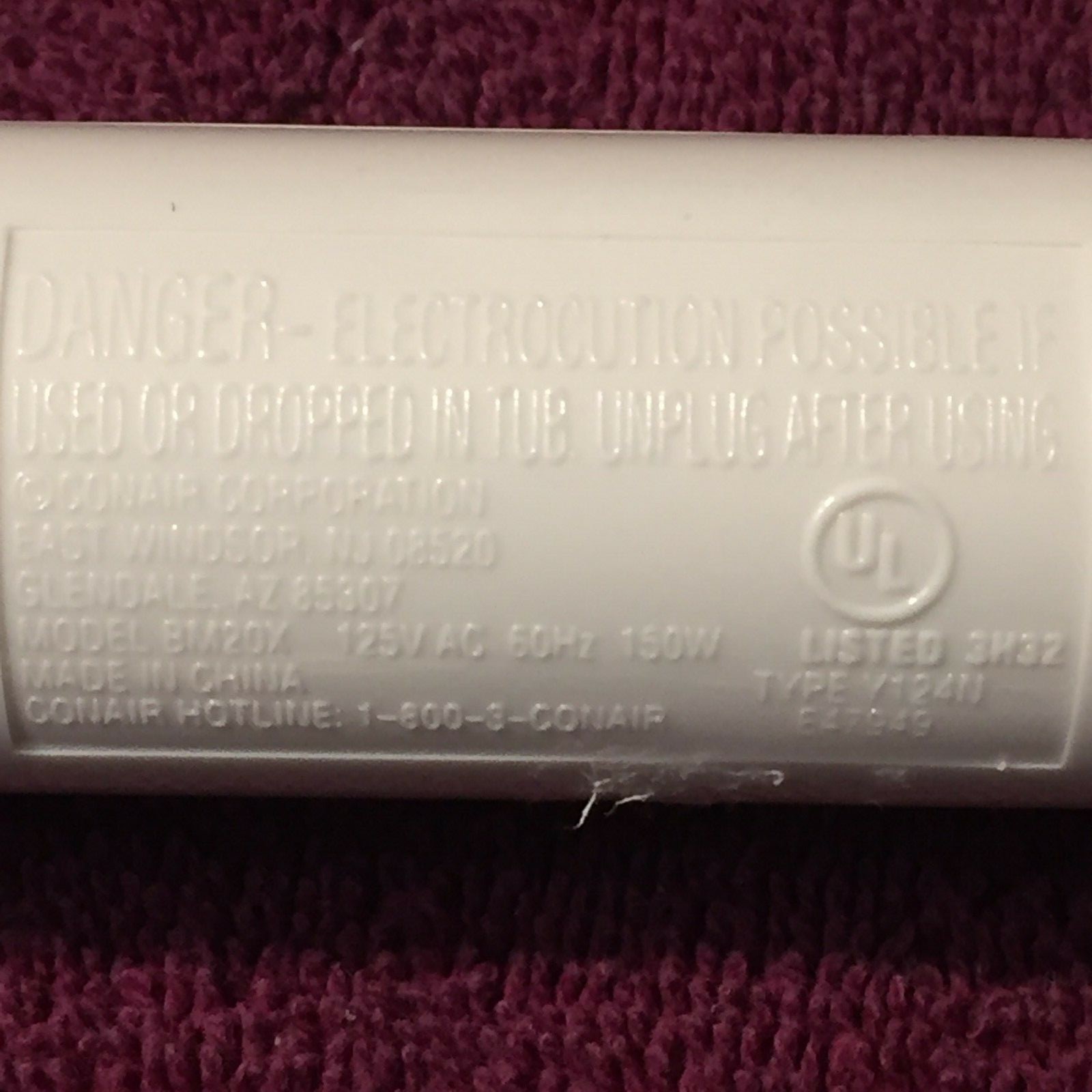 Conair Hair Dryer Blower Air Brush BM20X Styling Beauty Tool White Purple