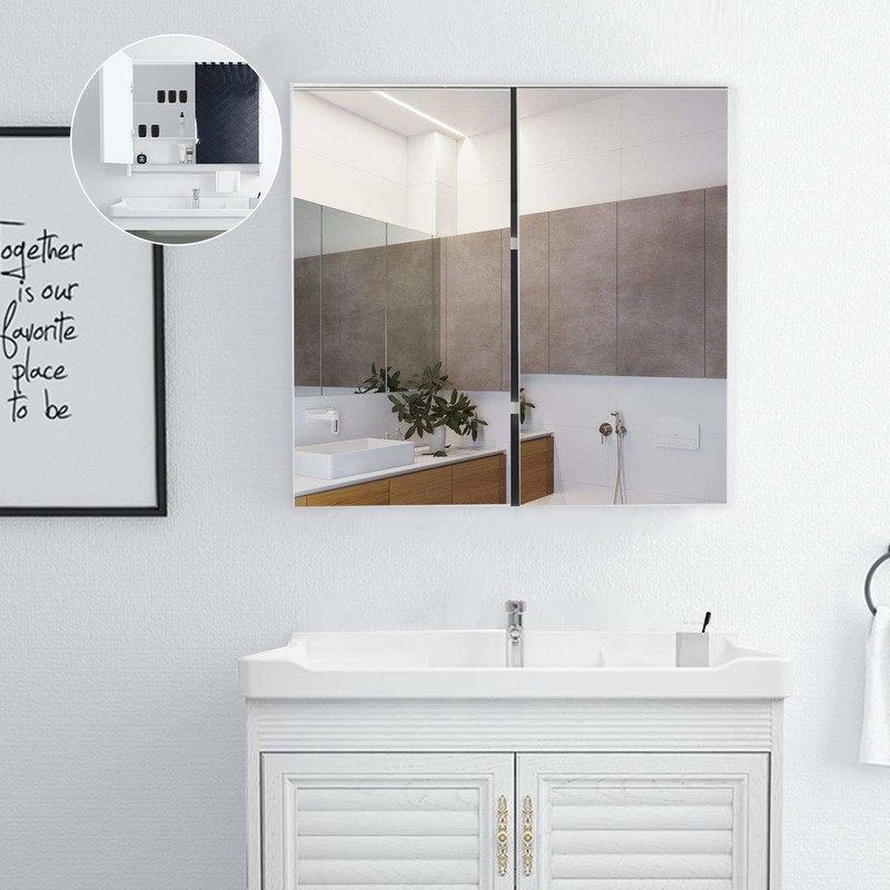 Wooden Bathroom Cabinet Mirror Double Full Door Cupboard Storage Wall Mounted Uk Ebay