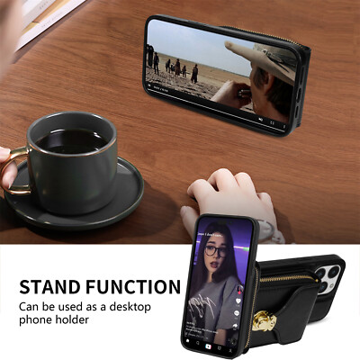 For iPhone 16 Pro Max 14 15 With Crossbody Strap Zipper Wallet Case Slim Cover