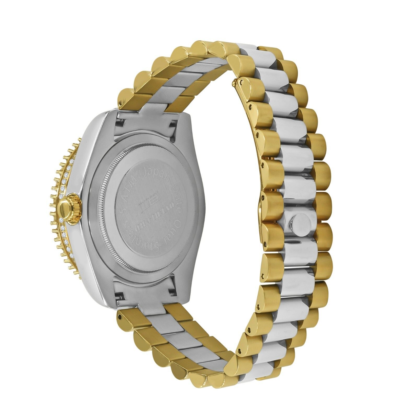 Pre-owned Bling Master - Overlord Solid Steel Green Dial 18k 2 Tone Gold Simulated Diamond Presidential Mens Watch