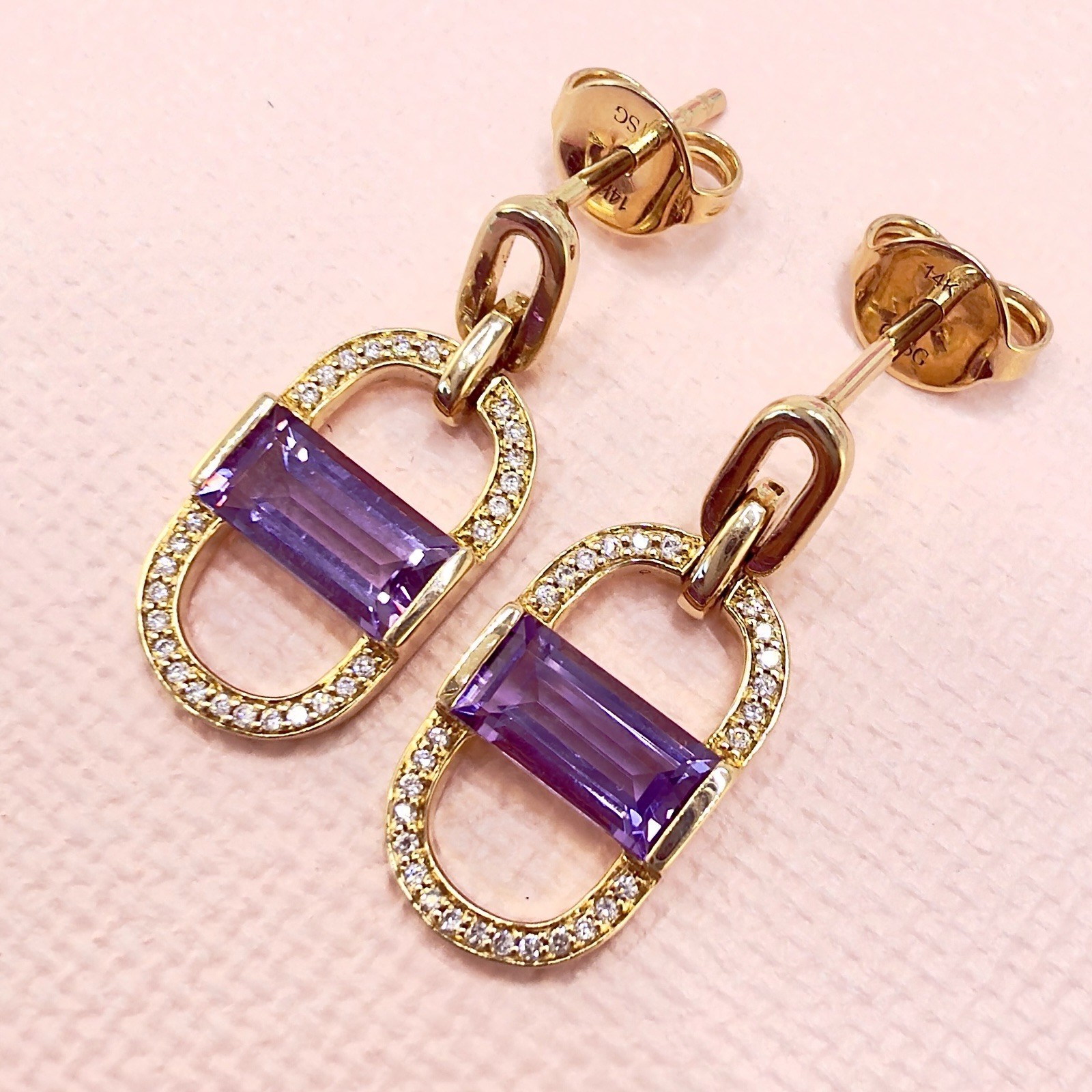 14k Yelow Gold Genuine Amethyst & Diamond Monernist Dangle Earrings, New - Picture 5 of 11