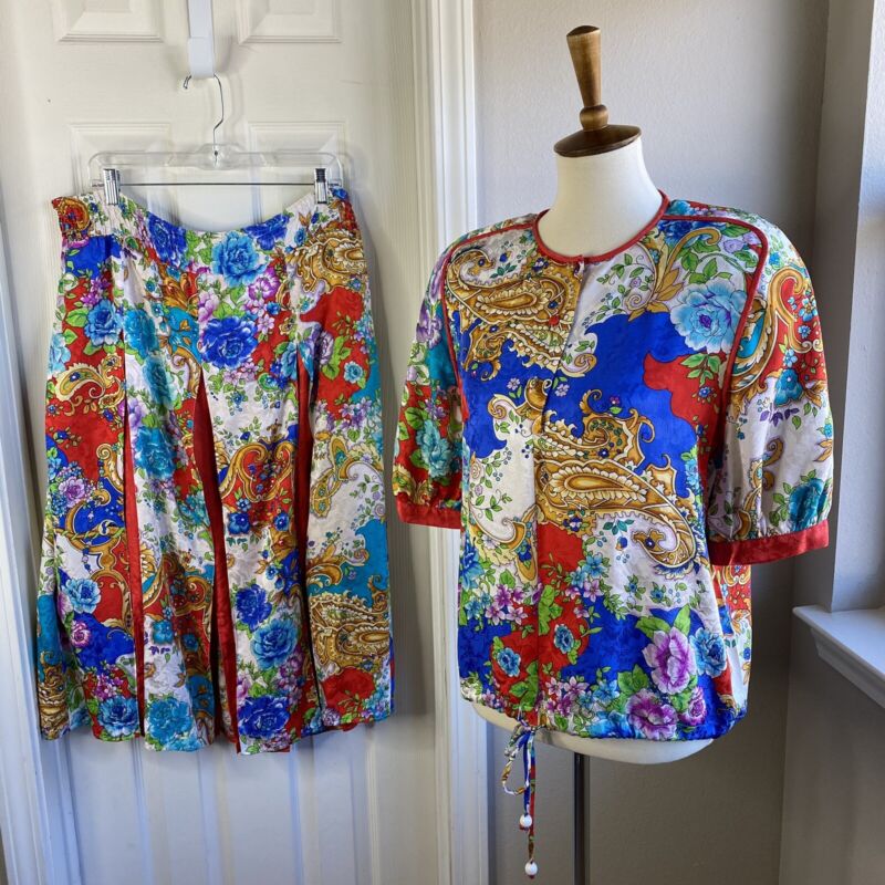Vintage Diane Freis Silk Blouse Skirt Set Floral One Size See Measurements Vtg 
