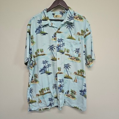 Joe Marlin Tropical Island Shirt Mens XXL Blue Palm Tree Rayon Blend Beachy Boho