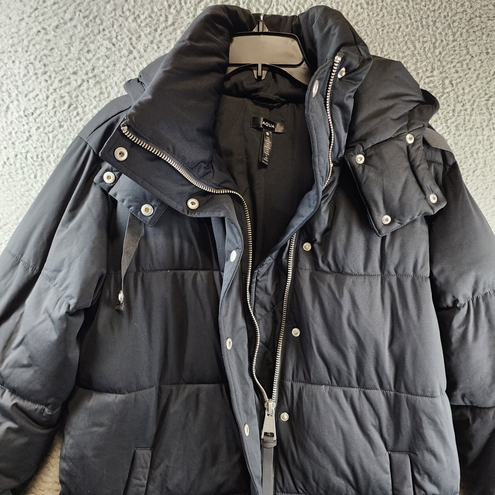 AQUA Long Hooded Puffer Coat Women's Small Black Fixed Drawstring Snap Closure - Picture 6 of 12