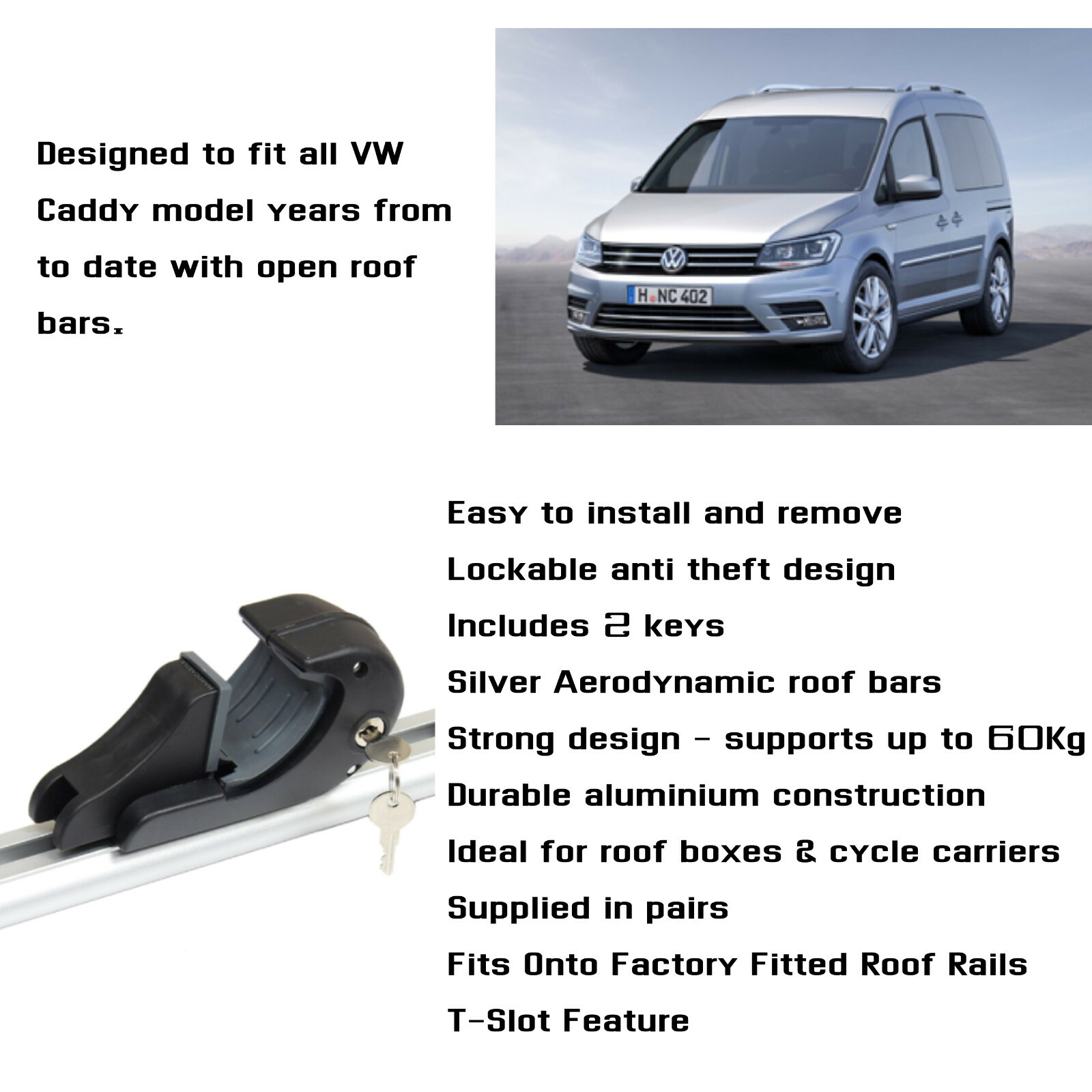 Volkswagon VW Caddy Roof Bars, Cross Bars, Roof Rack EASY FIT NO
