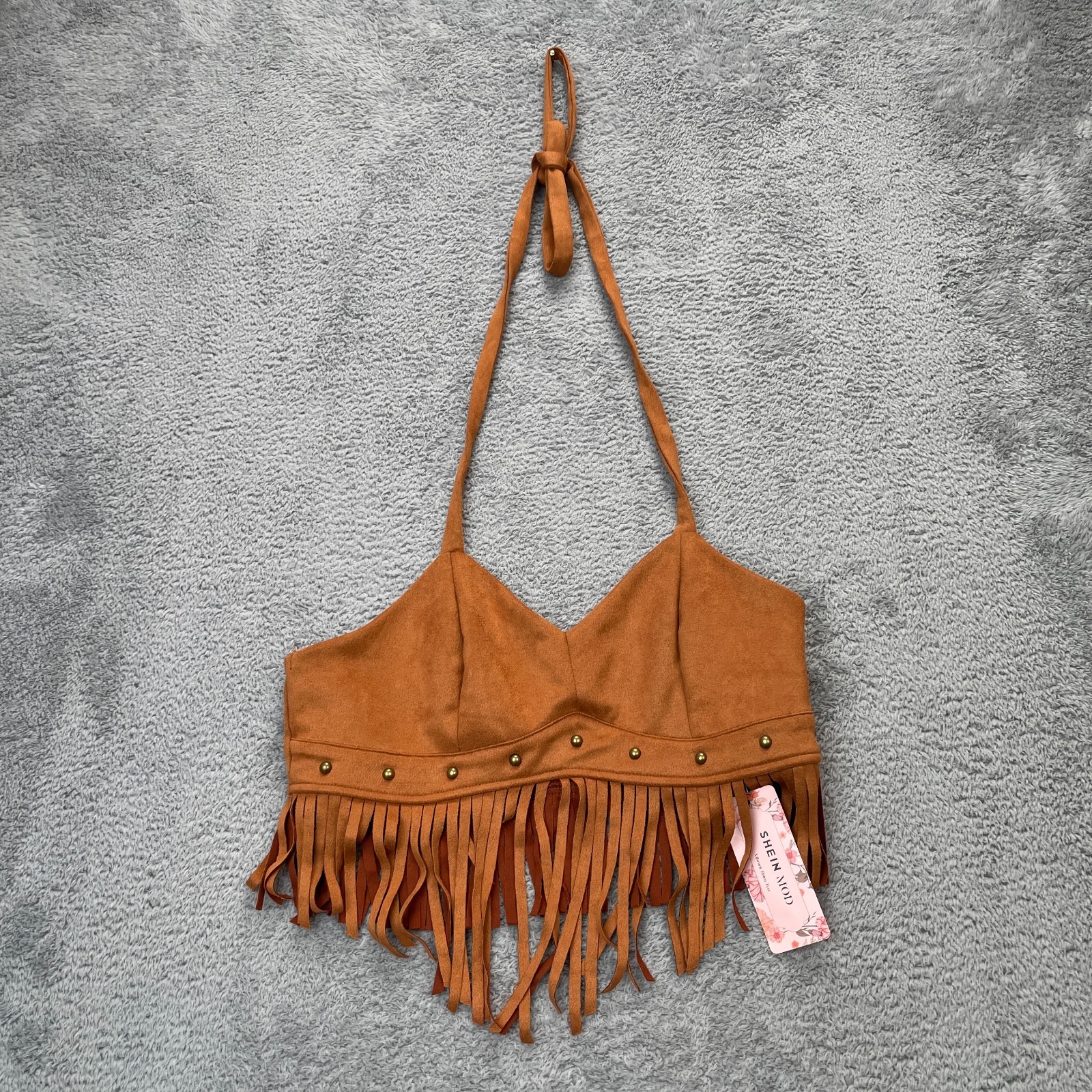 Shein Women Top Extra S Brown Retro Faux Suede Tassel Studded Cowgirl Western