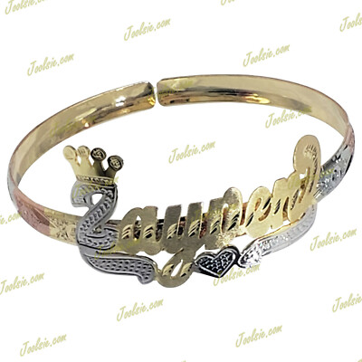 PERSONALIZED ADULT 14K GOLD PLATED CROWN NAME CUFF BANGLE BRACELET 