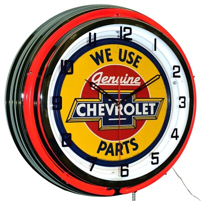 19'' We Use Genuine Chevrolet Parts Sign Double Neon Clock Garage Decor (Red)