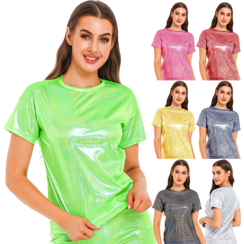 【CPGN STUDIO】24SS★ The Shining Club Short Sleeve Tee Kids Girls Boy Shiny Metallic Short Sleeve T-Shirt Jazz Hip