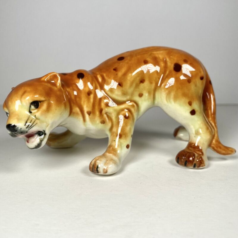Vintage Leopard Ceramic Porcelain Cat Figurine 5” Long Crouching Cheetah Animal