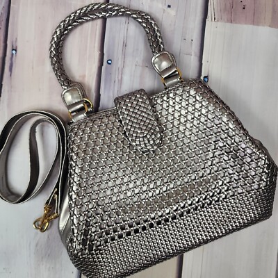 Warren Reed Vintage 90s Woven Design Leather Handbag Shoulder Bag Purse Silver