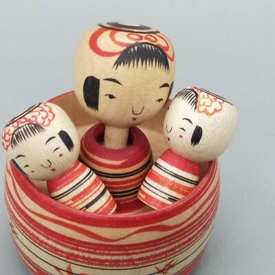 Japanese  wooden doll kokeshi with two babies Tsuchiyu