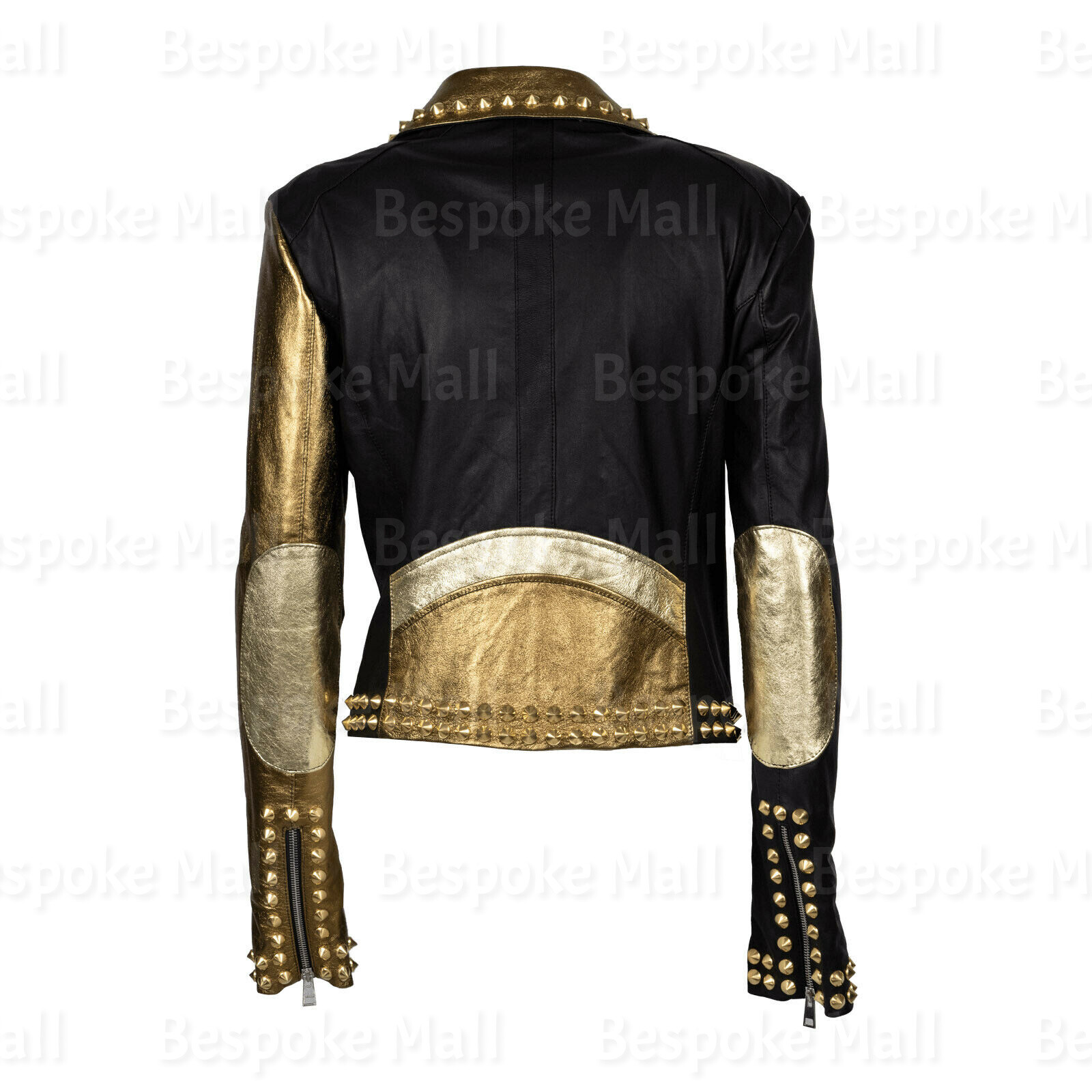 Pre-owned Handmade Women's Black Golden Studded Brando Stylish Cowhide Biker Leather Jacket-661 In Golden Black