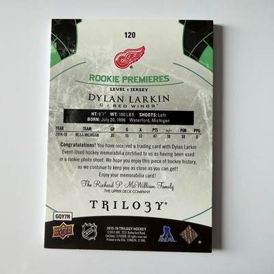 2015 Upper Deck Trilogy #120 Dylan Larkin RC Rookie Premieres Rainbow Green Jersey 195/599
