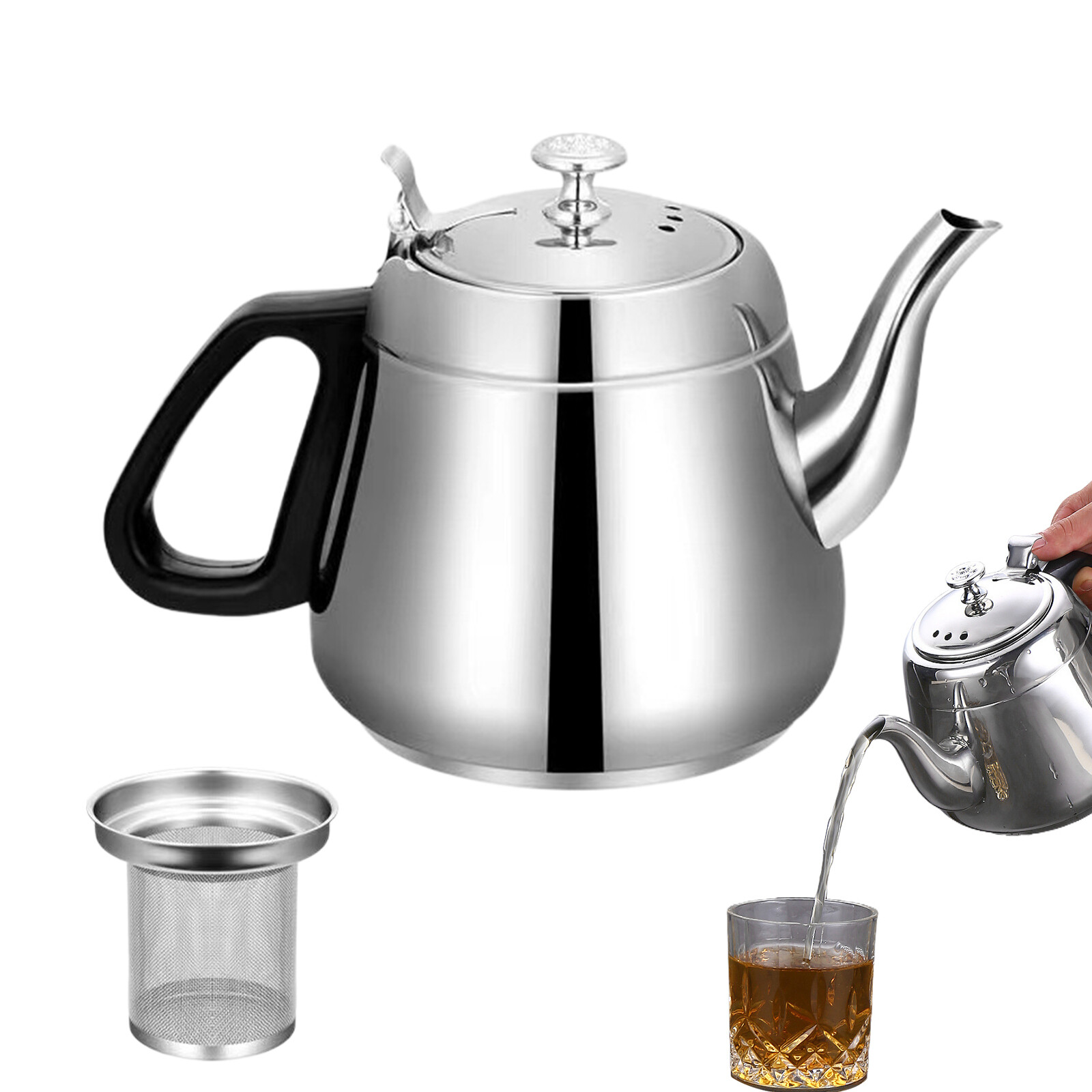 1.5L Stainless Steel Teapot Tea Kettle Coffee Pot With Tea Strainer
