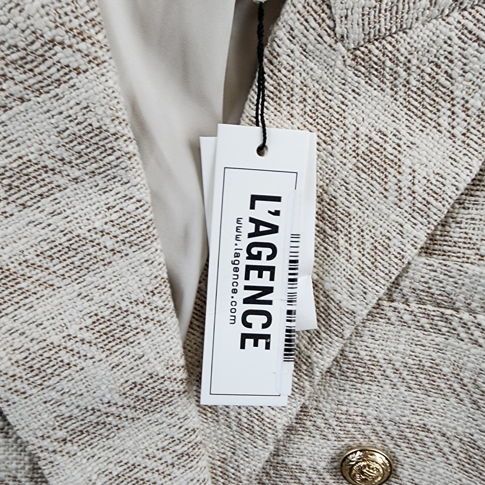 Pre-owned L'agence Kenzie Checked Double Breasted Blazer Women's 12 Ecru Gold Long Sleeve