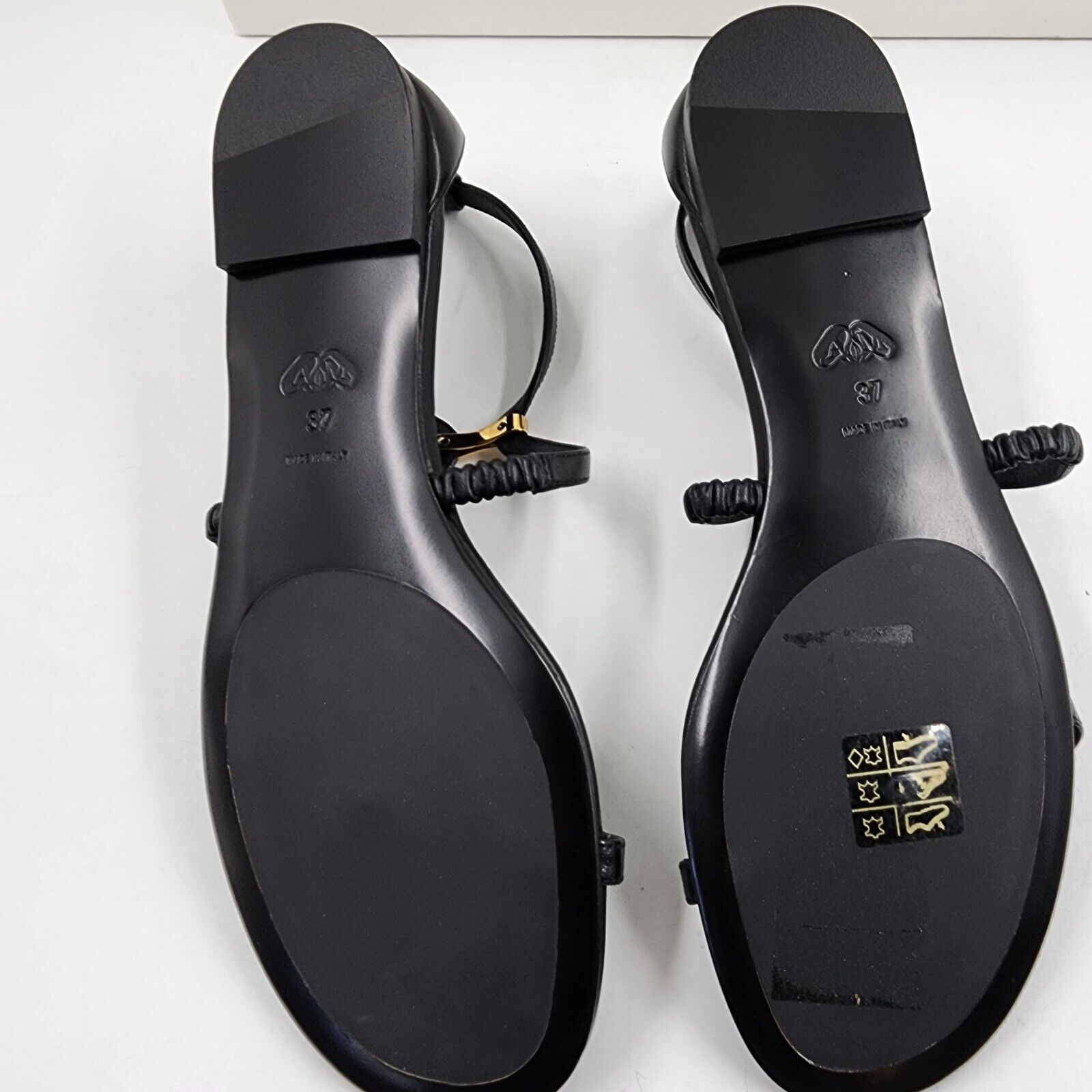 Alexander McQueen Ankle-Strap Leather Sandals Women's 37/7US Black/Gold Buckled - Picture 6 of 18