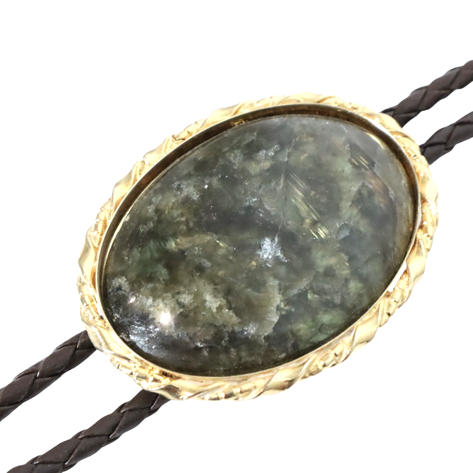 Vintage Moss Agate Stone Bolo Tie Brown Leather Braided Rope Native American
