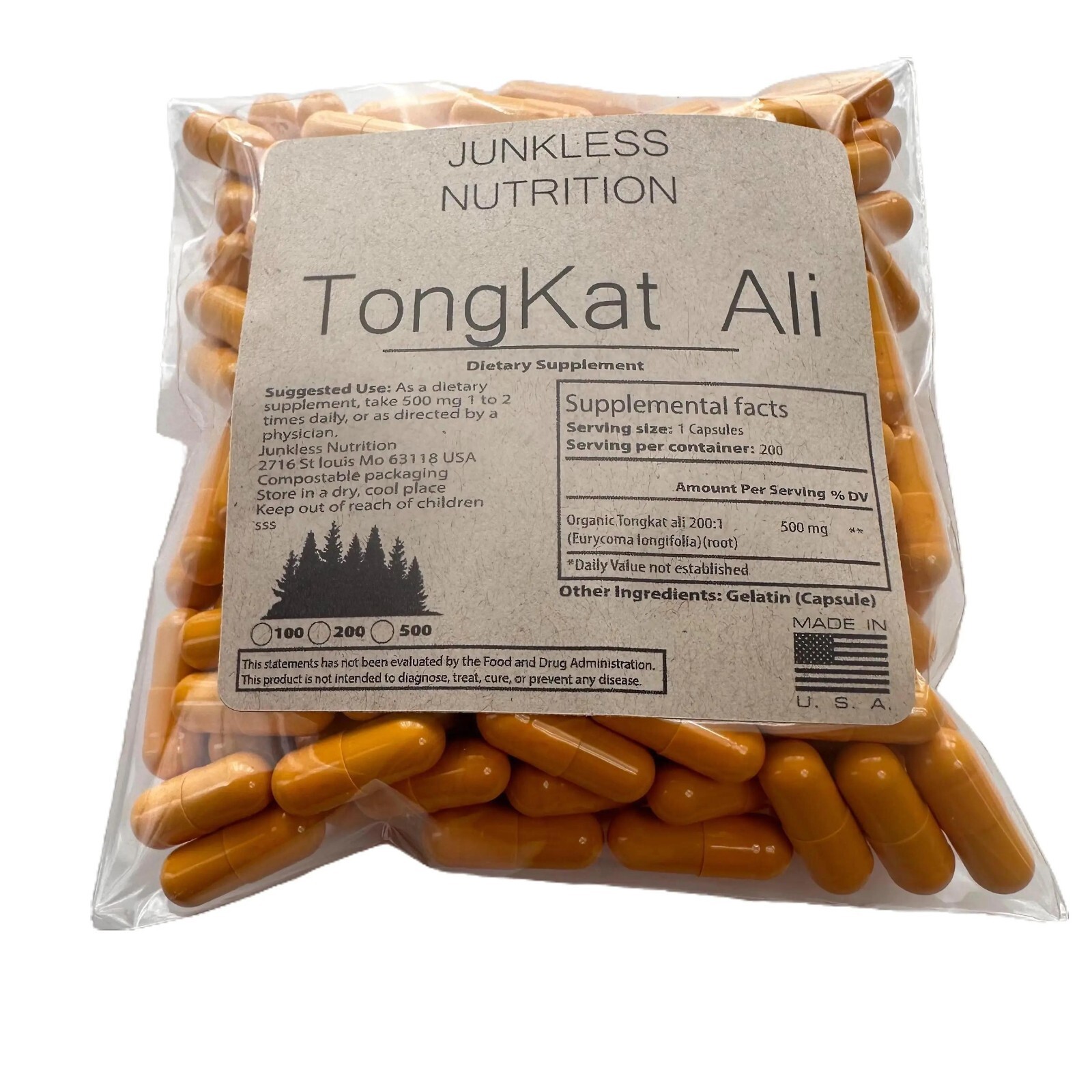 Tongkat Al LONGJACK GRADE A STRONGEST ROOT EXTRACT 200:1 (500 capsules) USA