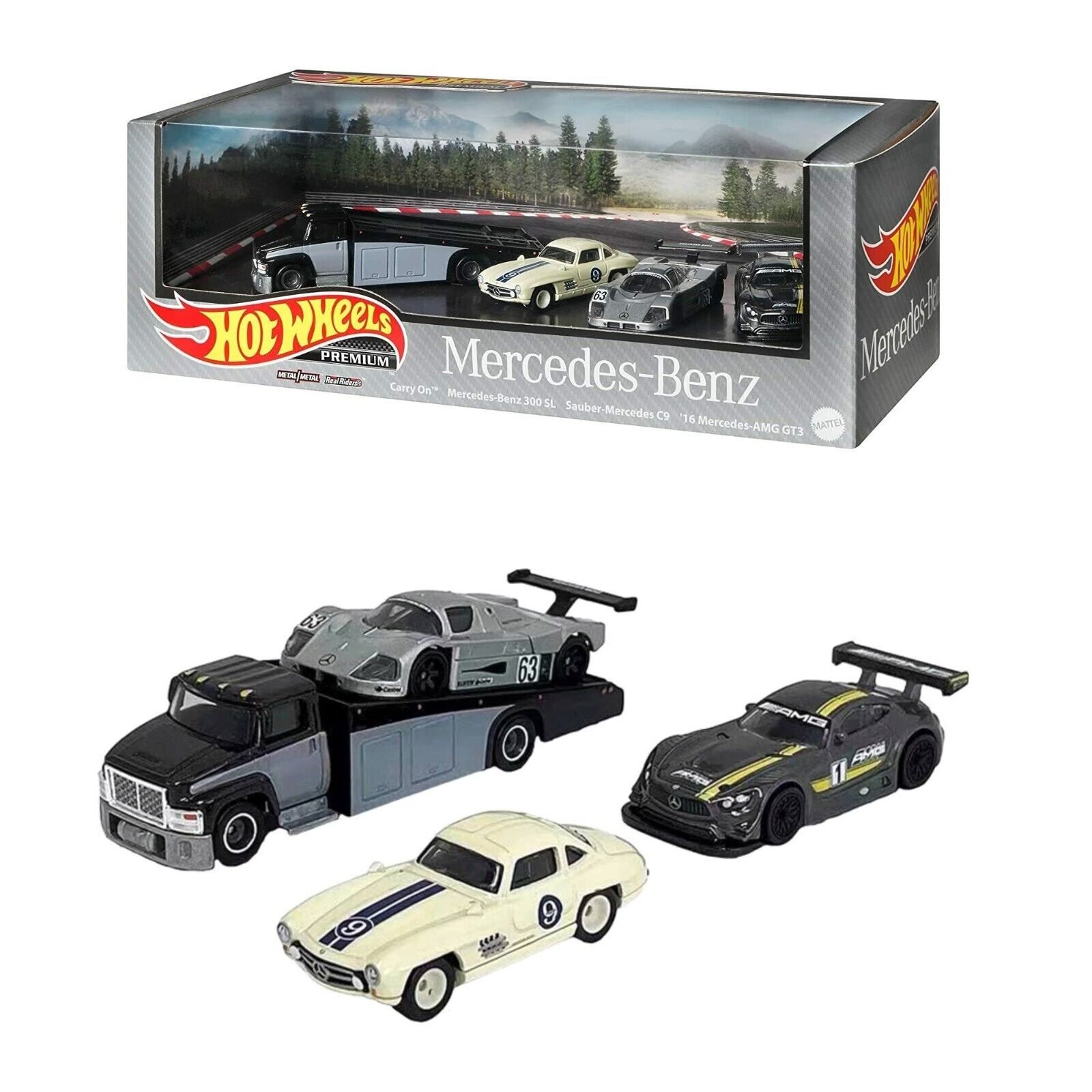Hot Wheels Premium Mercedes Benz Collector Set 300SL C9 AMG GT3 Toy Car GRN85 3+ Hot Wheels Premium Mercedes Benz Collector Set 300SL C9 AMG GT3 Toy Car GRN85 3+