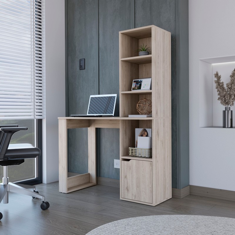 Computer Desk with Single Door Cabinet and 4-Tier Shelf Bicknell Light Gray NEW
