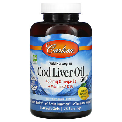 Carlson Labs Cod Liver Oil Gems Натуральный лимон 460 мг 150 мягких желатиновых капсул без глютена,