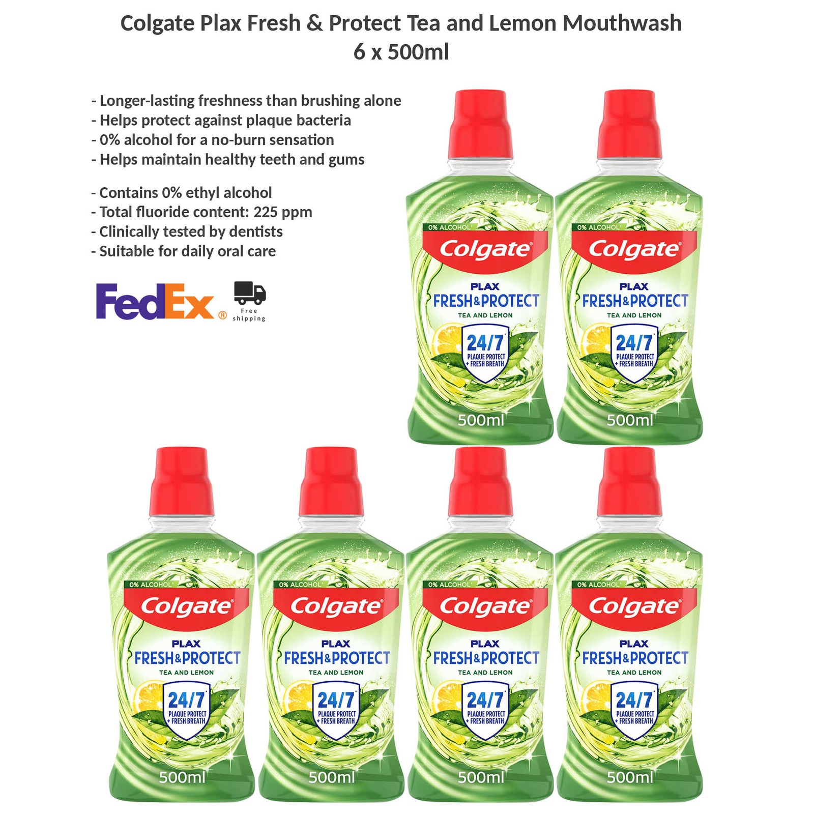 Colgate Plax Tea & Lemon Mouthwash Alcohol-Free for Fresh Breath 6x500ml