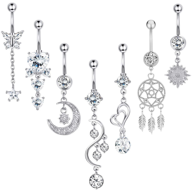 7pcs Belly Button Rings Surgical Steel Cz Navel Rings Body Piercing Jewelry 14g